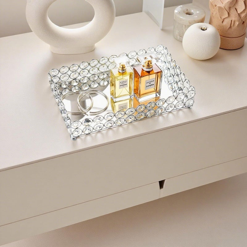 Feyarl Crystal Perfume Tray Cosmetic Makeup Vanity Tray Jewelry Trinket Rings Earrings Organizer Decorative Tray Storage for Home Deco Wedding Dresser Tabletop Girl Women Gift(10" x 6 "Silver) - Image 2